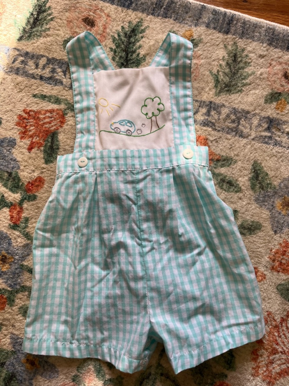 Petit Ami Aqua Gingham Embroidered Shortall